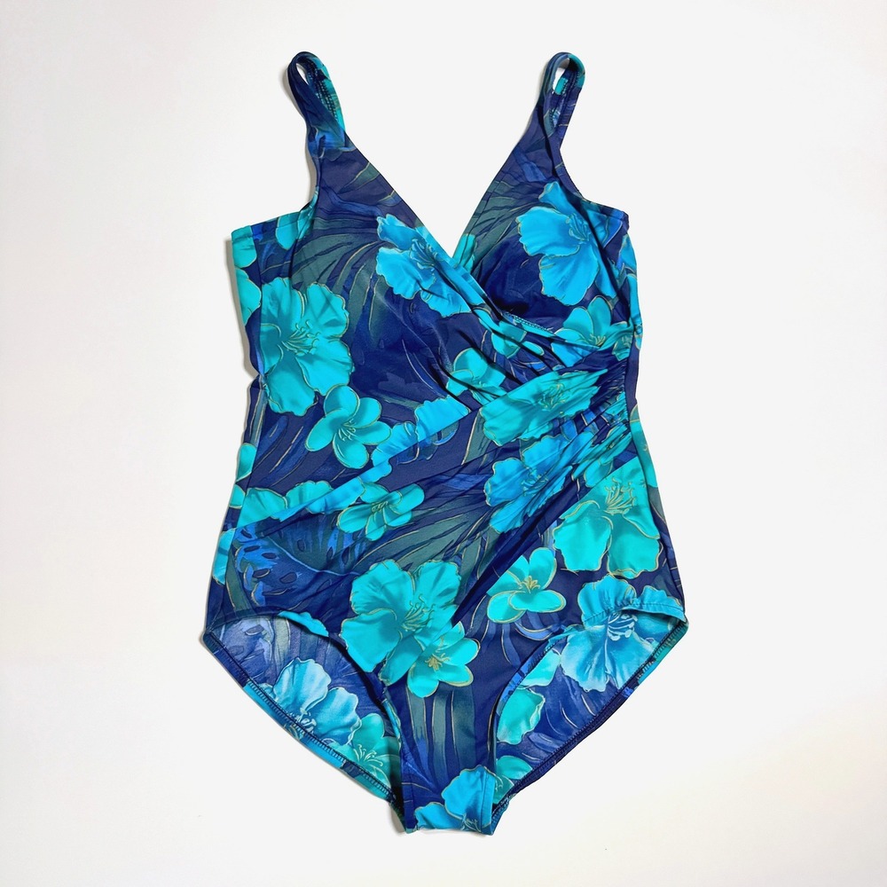 Miraclesuit Swimsuit 14 Blue Floral One Piece Slimming Ruched Underwire 63588